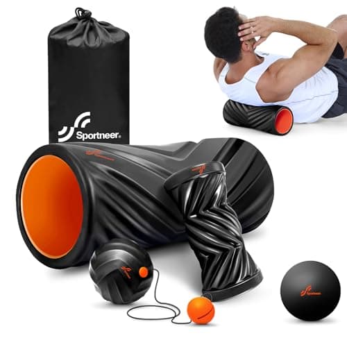 Sportneer 4 in 1 Foam Roller Set: Dual Textures Muscle Roller, Foot Roller, Stringed Lacrosse Ball, Foam Muscle Roller for Whole Body Release, Black