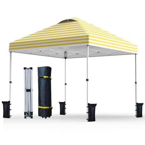 Nazhura 10' x 10' Pop Up Canopy with Sand Weight Bag, Awing for Patio, Freestanding Sun Shelter for Picnic and Camping, One Person Setup, White (Yellow Stripe)