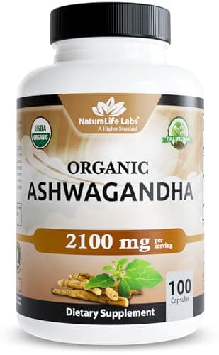 NaturaLife Labs Organic Ashwagandha 2100 mg per Serving – Full Spectrum Root Powder and Standardized Extract (Withanolides) – 100 Capsules – Vegan – Non-GMO, Gluten-Free