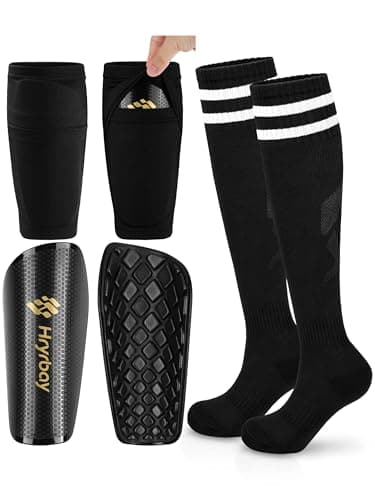 Hryrbay Kids Soccer Shin Guards Toddler Shin Pads with Sleeves and Socks for Age 3-16 Protective Lightweight Soccer Equipment Ideal for Playing Training Inspired by The World Cup Black M