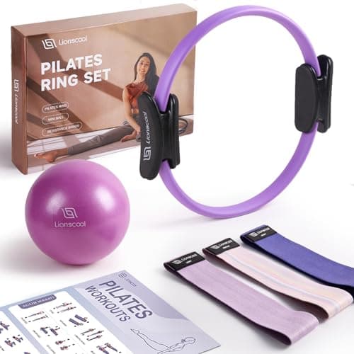 LIONSCOOL Pilates Ring Set (Purple) - 14" Anti-Deformation Magic Circle with Padded Handles, 9" Mini Ball, Non-Slip Fabric Resistance Bands, Guide & Bag