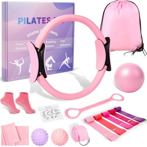 BYYNNE Home Pilates Kit for Women - 14 Pcs Pilates Equipment Set with P-ilates Ring and Ball, 5 Resistance Bands Etc Accessories for Beginners Home Workouts - Includes Workout Guide (Pink)