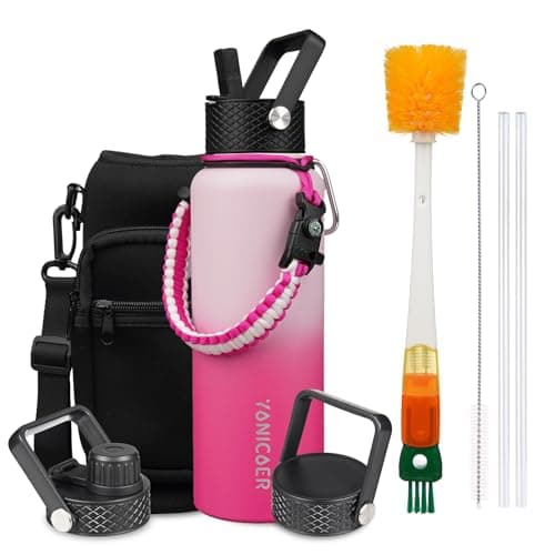 YONICOER Insulated Water Bottle 40oz,Triple Wall Vacuum Stainless Steel(Dishwasher Safe),Leak Proof & Non-BPA,Flask Jug with Paracord Handle & Straw Spout Lids Sports Cherry Blossom