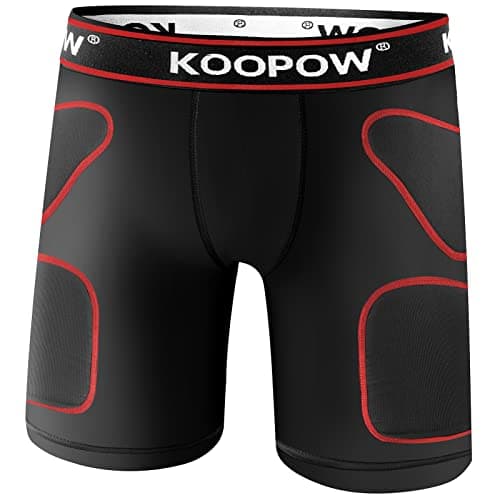 KOOPOW Youth Boys Padded Compression Sliding Shorts Pants with Soft Protective Athletic Cup Pocket, Baseball Slider Boxer Briefs Underwear for Kids, Football Lacrosse Black Red,XL