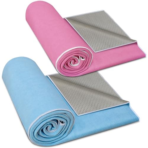 CORTHENA Hot Yoga Towel Non-Slip, 2 Pack Thick & Soft Yoga Mat Towel, Sweat Absorbent, with Grip Dot, 72" x 26", Yoga Towel for Hot Yoga, Pilates, Fitness and Gym Workouts, BluePink
