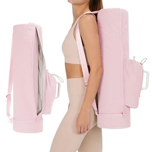 sportsnew Puffy Yoga Mat Bag Yoga Gym Bags for Women Men, Full-Zip Pilates Bag with Wet Pocket & Side Zip Drawstring Pocket Fits Tumblers with Handle, Yoga Mat Storage Quick Access, Lotus Root Pink