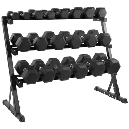 Fitvids 550 LB Rubber Coated Hex Dumbbell Set with Storage Rack, 5-50LB Hand Weight Set with Anti-Slip Grip for Home Gym