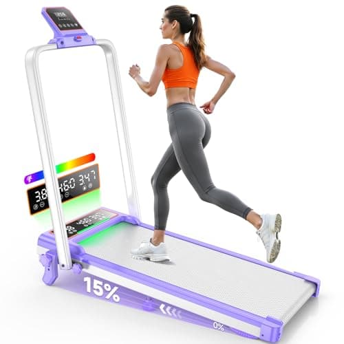 Folding Walking Pad with 15% Incline/RGB Light/Dual Screen Display, 3.5HP Treadmills for Home, Portable Walking Pad Treadmill with Handle Bar and 4 Adjustable Incline, 350lbs Capacity, Smart App
