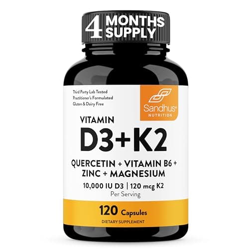 Sandhu's Vitamin D3 K2 Magnesium 10000 IU, 120mcg K2 Capsules 120 Count (Pack of 1) | with VIT B6, Zinc & Quercetin | D3K2 Supports Superior Absorption, Energy, Immune, Muscle Health for Men & Women