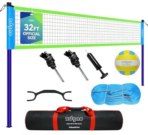 Volleyball Net Outdoor - Portable Volleyball Set for Backyard with Professional Volleyball Net, Wrap Yarn Volleyball and Pump, Boundary Line, Carry Bag (Classic Blue-Green)