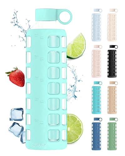 purifyou 40oz / 32oz / 22oz / 12oz Borosilicate Glass Water Bottle with Time & Volume Markers, Silicone Sleeve, Stainless Steel Lid | Reusable Glass Bottle for Water & Juice (32oz Glow-in-the-Dark)