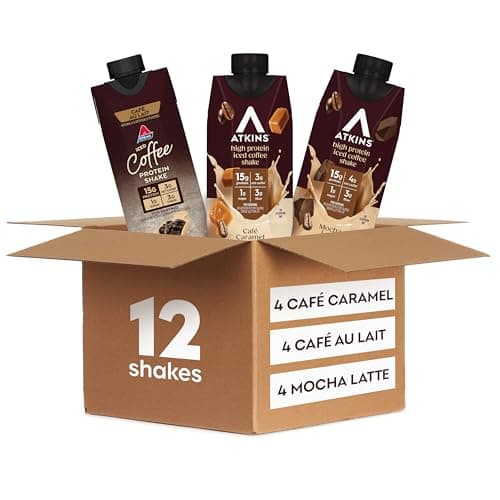 Atkins Coffee Lovers Protein Shake Variety Pack, Mocha Latte, Café Caramel and Café au Lait Flavored Protein Shakes, 15g Protein, 3g Fiber, GLP-1 Friendly, 12 Count