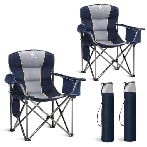 LET'S CAMP Folding Camping Chair Oversized Heavy Duty Padded Outdoor Chair with Cup Holder Storage and Cooler Bag, 450 LBS Weight Capacity, Thicken 600D Oxford,2 Pack