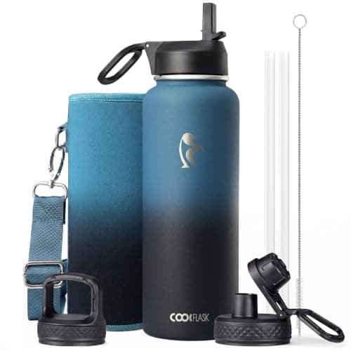 Water Bottle 40 oz Insulated with Straw, Coolflask Stainless Steel Metal 3 Lids Water Flask for Sports or Office, Keep Cold 48H Hot 24H, Samurai Cyan