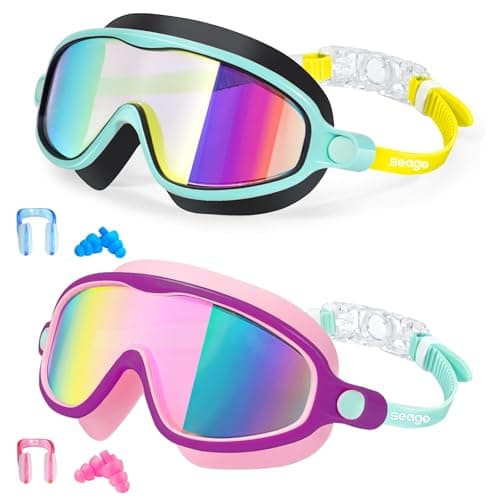 Kids Goggles for Swimming 2 Pack No Leaking Anti-Fog Outer Eye Fit with Wide View UV Protection Crystal Clear Watertight Swim Goggles with nose cover Suitable for Children Youth Boys Girls Age 3 to 14