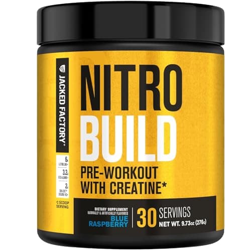 Jacked Factory Nitrosurge Build Pre Workout with Creatine for Muscle Building - Con Cret Creatine Powder & elevATP for Intense Energy, Powerful Pump, & Endless Endurance - 30 Servings, Blue Raspberry