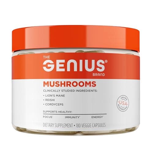 Genius Mushroom Supplement - Full-Spectrum Lion’s Mane, Cordyceps, Reishi -Daily Brain Nootropic for Energy, Focus, Memory & Overall Wellness - 180 Capsules – Organic for Mental Clarity & Performance