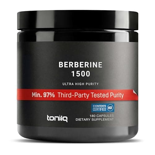 Toniiq NSF Certified Ultra High Strength Berberine HCl from The Himalayas - 100:1 Concentrated Extract - Lab-Tested 97% Berberine HCl - 180 Vegetarian Capsules, 1500 mg per Serving
