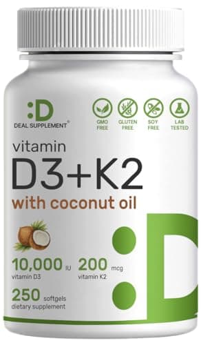 DEAL SUPPLEMENT Vitamin D3 10,000 IU + K2 MK7 200mcg Softgels, 250 Count | 2-in-1 Complex with Virgin Coconut Oil | Easy to Swallow