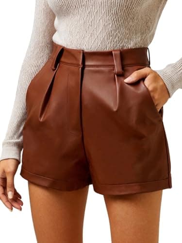 XinYangNi Faux Leather Shorts for Women Pleather Elastic High Wasited Pleated Wide Leg Dressy with Pockets Reddish Brown Large