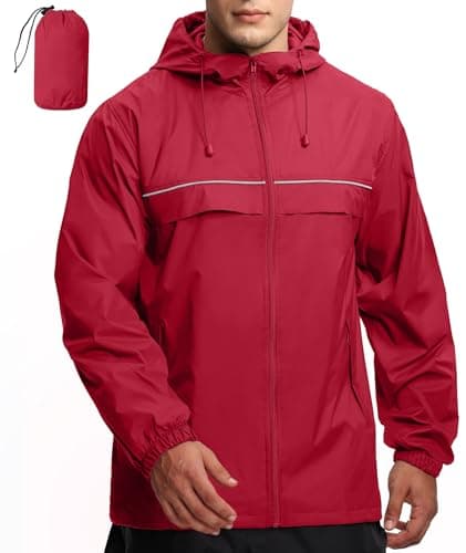 GEEK LIGHTING Rain Jacket Men Lightweight Waterproof Jackets Packable Windbreaker Hooded Raincoat for Golf Cycling Outdoor Hiking Travel Red Xl