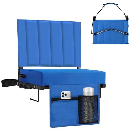 Halituny Stadium Seat for Bleachers with Back Support 2 Pack, Portable Bleacher Seat with Comfy Padded Cushion, Metal Hook, Folding Stadium Chair with Shoulder Strap, Carry Handle, Cup Holder, Blue
