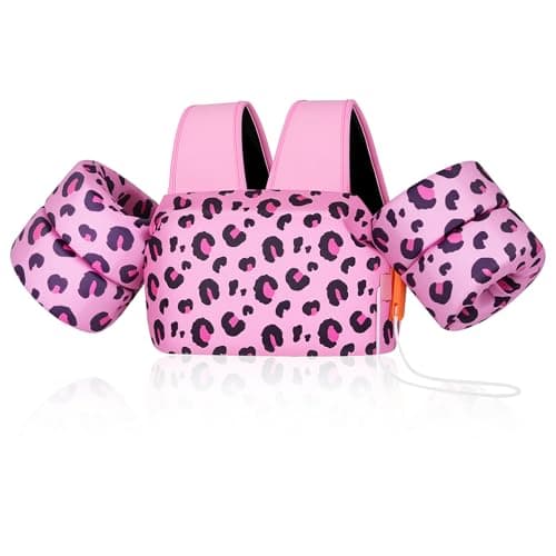 MoKo Toddler Swim Vest for Kids, Swim Arm Floaties 22-66lbs Cartoon Swimming Water Wings Pool Float Vests Sleeves Shoulder Straps Arm Band for Children Learn to Swim, Pink Leopard