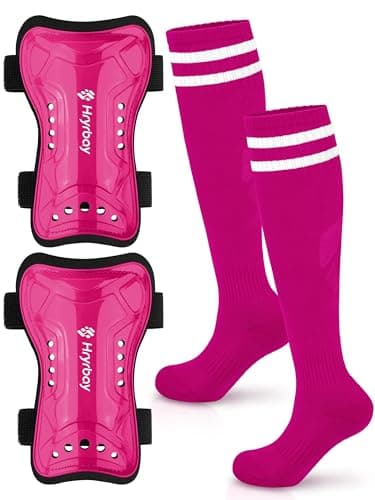 Hryrbay Kids Soccer Shin Guards and Socks Toddler Soccer Shin Pads Protective Defender Gear for Boys Girls Ages 3-15 Great for Training, Matches, Inspired by the World Cup Rose Red L