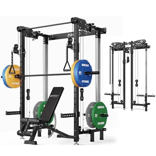 Mikolo Folding Squat Rack, Wall Mounted Power Rack with Cable Crossover Machine & LAT Pull Down, Functional Trainer with 5 Adjustable Function Modes, Upgraded Home Gym Package(Black)