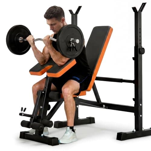 YOLEO Beginner Weight Bench Set for Home Gym, 6-in-1 Adjustable Workout Bench with Squat Rack, Foldable Full Body Fitness Equipment for Bench Press, Sit-Up & Strength Training