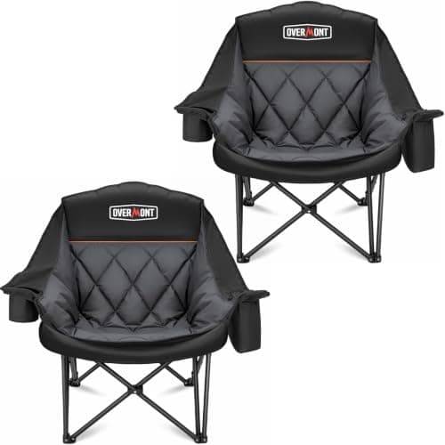 Overmont Oversized XL Camping Chair for Adults - 2 Packs 500lbs Support Heavy-Duty Padded Folding Chair with Side Pocket Cup Holder Cooling Bag for Outdoor Sports Garden Beach Fishing Lawn Black