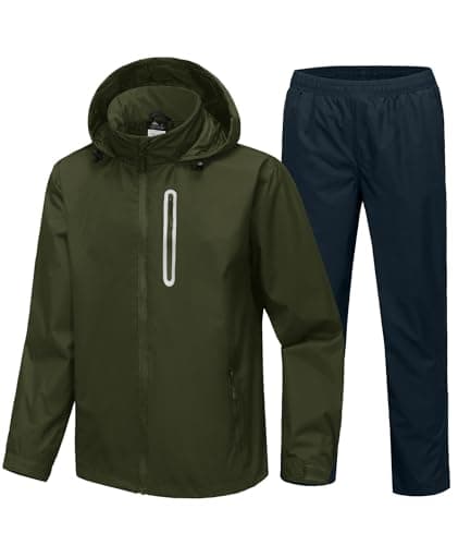 SWISSWELL Men's Waterproof Golf Rain Suit Rain Gear Jacket and Pant Outdoor Lightweight Hooded Raincoat S-3XL Army Green Jacket Navy Pants L