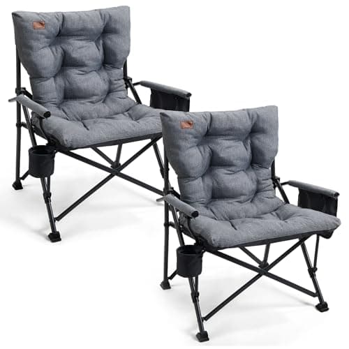 EVER ADVANCED Padded Oversized Folding Camping Chair for Adults, Heavy Duty Lawn Chair with Side Pockets, Portable Collapsible Quad Chair for Outside, Support Up to 500lbs, Grey 2Pack