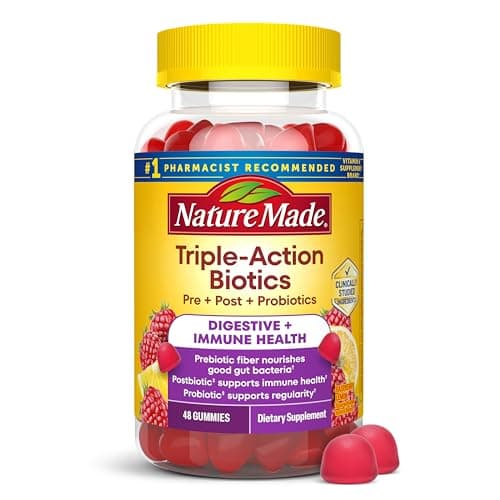 Nature Made Triple-Action Biotics, Gut and Immune Health Support, Digestive Probiotics for Women and Men, Prebiotic Fiber Gummies, 48 Gummies, 24 Day Supply