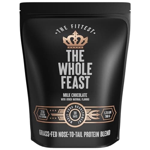 The Fittest Whole Feast Beef Protein Powder - Milk Chocolate - Grass Fed Nose to Tail Carnivore Blend Including Liver, Colostrum and Whole Bone - BCAAs - 14g Collagen, 21g Total Protein