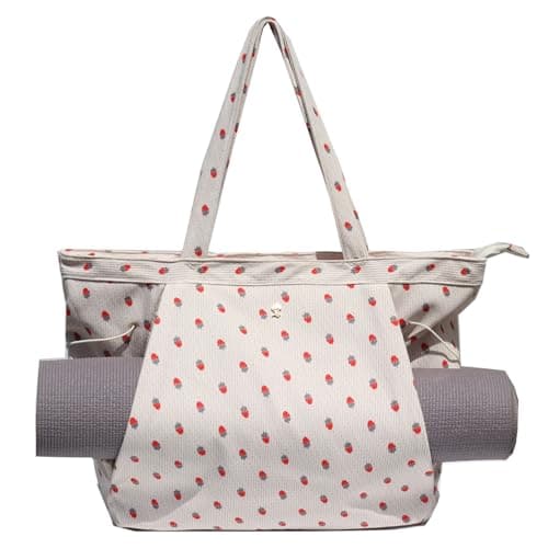 ESVAN Corduroy Yoga Tote Bag Gifts for Women Drawstring Yoga Mat Bag for Office Workout Travel Carryall Pilates Gym (Strawberry)