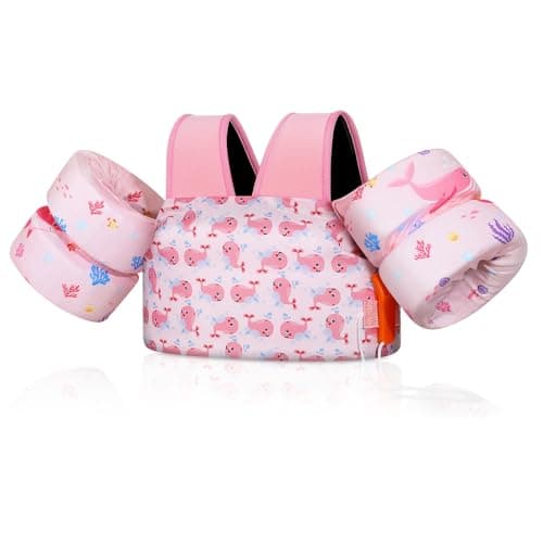 MoKo Toddler Swim Vest for Kids, Swim Arm Floaties 22-66lbs Cartoon Swimming Water Wings Pool Float Vests Sleeves Shoulder Straps Arm Band for Children Learn to Swim, Pink & Whale