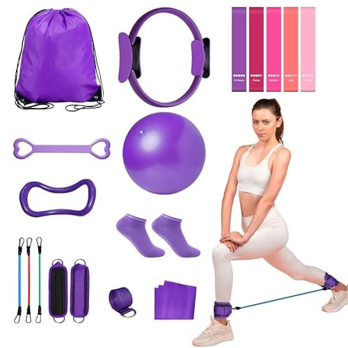 Home Pilates Essentials Kit for Women: 18Pcs Pilates Workout Equipment Set with Pilates Ring, Yoga Ball, Resistance Band, Pilates Fitness Set for Legs Arms, Gym Back Bag, Anti Slip Socks(Purple)