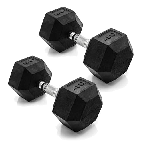 CAP 40 LB Rubber Coated Hex Dumbbell Weight, Rubber Free Weights for Home Gym Strength Training, Chrome Handle, Pair