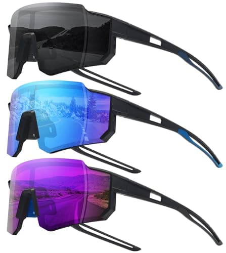 STORYCOAST Sports Running Sunglasses for Men Women Cycling Driving Fishing Bike Sunglasses Polarized UV400 Protection 3Pack Matte Black/Gray+Matte Black/Ice Blue+Matte Black/Purple