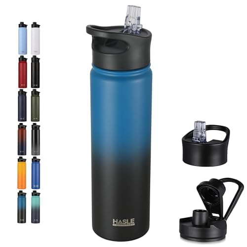 HASLE OUTFITTERS Insulated Water Bottle 22 oz Double Wall Stainless Steel Water Bottle Wide Mouth with Straw Lid & Spout Lid Keeps Cold or Hot(Blue Black Gradient,1)