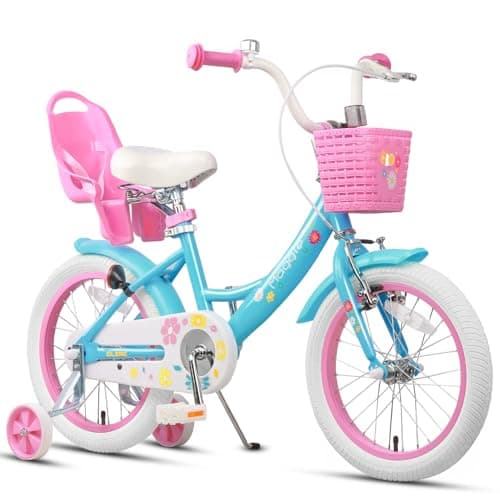Glerc Maggie Girls Bike, 16 Inch Kids Bike for 4-7 Years Old Children, Princess Style Kids Bicycle with Doll-Seat & Basket & Training Wheels, Blue