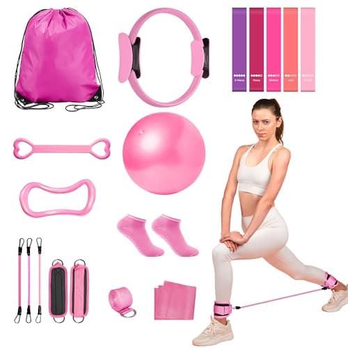 Home Pilates Essentials Kit for Women: 18Pcs Pilates Workout Equipment Set with Pilates Ring, Yoga Ball, Resistance Band, Pilates Fitness Set for Legs Arms, Gym Back Bag, Anti Slip Socks(Pink)
