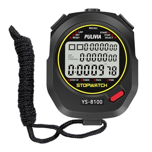 PULIVIA Stopwatch Timer 10 Splits/Laps Digital Stop Watch for Sports, Countdown Alarm Clock Date Memory Recall Large Display, Stopwatch for Coaches PE-Teacher Referee (Black, 100 Splits/laps)