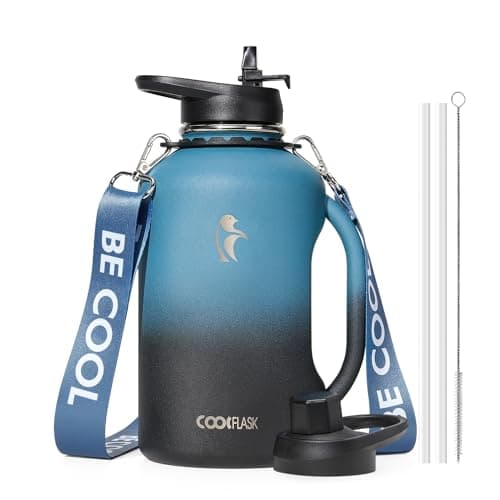64 oz Water Bottle Insulated with Handle, Coolflask Half Gallon Water Jug With Strap Straw Stainless Steel Double-Walled Vacuum Metal Large Flask Leakproof, Keep Cold 48 Hrs Hot 24hrs, Prussian Blue