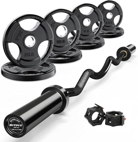 RitFit 2 Inch EZ Curl Bar with Weights, 350LBS Weight Capacity Olympic Curl Barbell for Bicep, Tricep and Weight Lifting Exercises, with 85LBweights