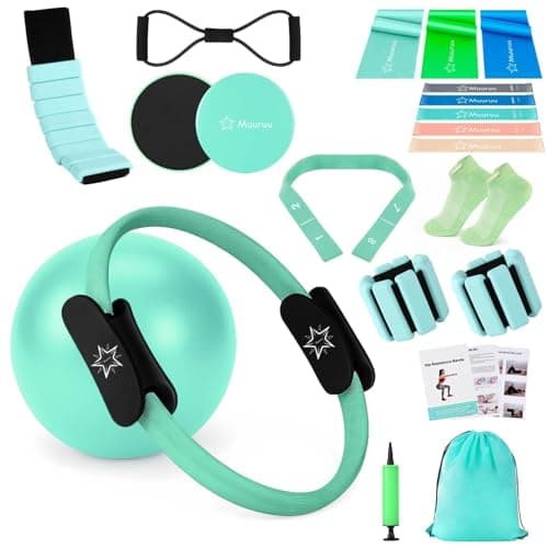 Muuruu Pilates Equipment Kit for Home Workout, Pilates Ring and Ball Set for Women, 14'' Magic Circle Essentials Accessories Kit, Wrist Weights, Resistance Bands, Yoga Strap, Socks, Bag Green