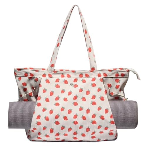 ESVAN Corduroy Yoga Tote Bag Gifts for Women Drawstring Yoga Mat Bag for Office Workout Travel Carryall Pilates Gym (Red strawberry)