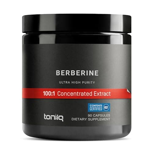 Toniiq NSF Certified Ultra High Strength Berberine HCl from The Himalayas - 100:1 Concentrated Extract - Lab-Tested 97% Berberine HCl - 90 Vegetarian Capsules, 500 mg per Capsule