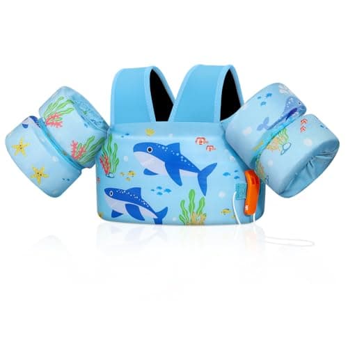 MoKo Toddler Swim Vest for Kids, Swim Arm Floaties 22-66 lbs Boys and Girls Cartoon Swimming Water Wings Pool Float Vests Sleeves Shoulder Straps Arm Band for Children Learn to Swim, Blue Shark